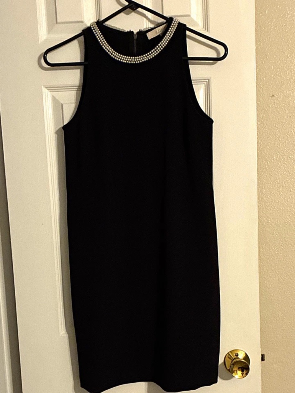 LOFT Black Sleeveless Shift Dress with Pearl Collar